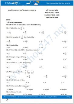 Bộ 5 đề thi HK2 môn Toán 6 KNTT năm 2021-2022 có đáp án Trường THCS Trương Quang Trọng