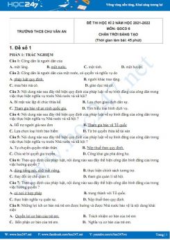 Bộ 5 đề thi HK2 môn GDCD 6 CTST năm 2021-2022 có đáp án Trường THCS Chu Văn An