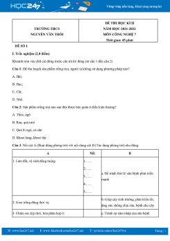 Bộ 3 Đề thi HK2 môn Công Nghệ 7 năm 2021-2022 Trường THCS Nguyễn Văn Trỗi có đáp án