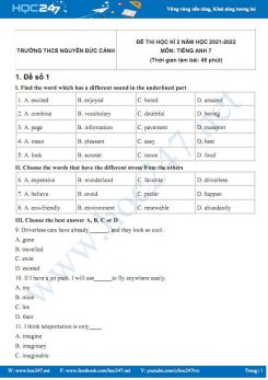 Bộ 5 đề thi HK2 môn Tiếng Anh 7 có đáp án năm 2021-2022 Trường THCS Nguyễn Đức Cảnh