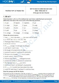 Bộ 5 đề thi HK2 môn Tiếng Anh 10 có đáp án năm 2021-2022 Trường THPT Lê Trọng Tấn