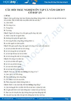 Câu hỏi trắc nghiệm ôn tập cả năm GDCD 9 có đáp án