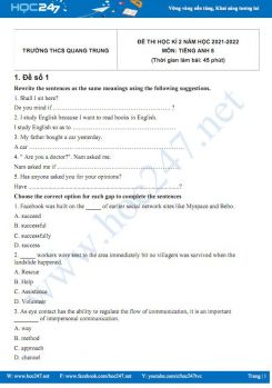 Bộ 5 đề thi HK2 môn Tiếng Anh 8 có đáp án năm 2021-2022 Trường THCS Quang Trung