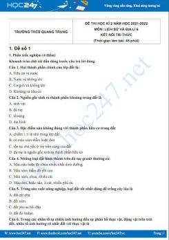 Bộ 3 đề thi HK2 môn Lịch sử và Địa lí 6 KNTT năm 2021-2022 có đáp án Trường THCS Quang Trung