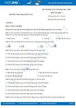 Bộ 3 đề thi HK2 môn Tin học 7 năm 2021-2022 - Trường THCS Phạm Hữu Lầu có đáp án