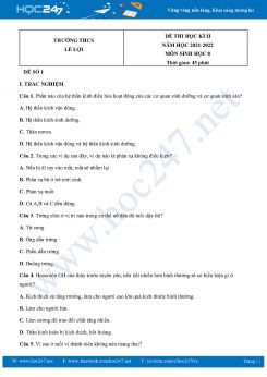 Bộ 5 Đề thi HK2 môn Sinh Học 8 năm 2021-2022 Trường THCS Lê Lợi có đáp án