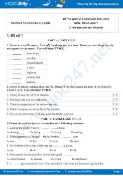 Bộ 5 đề thi HK2 môn Tiếng Anh 7 có đáp án năm 2021-2022 Trường THCS Đoàn Thị Điểm