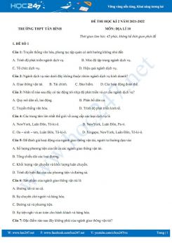 Bộ 5 đề thi HK2 môn Địa Lí 10 năm 2021-2022 - Trường THPT Tân Bình có đáp án