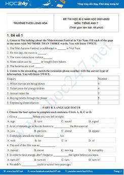 Bộ 5 đề thi HK2 môn Tiếng Anh 7 có đáp án năm 2021-2022 Trường THCS Long Hòa