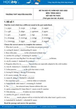 Bộ 5 đề thi HK2 môn Tiếng Anh 6 KNTT năm 2021-2022 có đáp án Trường THCS Nguyễn Khuyến