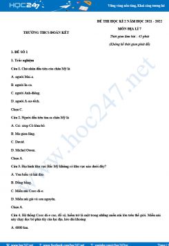 Bộ 5 đề thi HK2 môn Địa Lí 7 năm 2021-2022 - Trường THCS Đoàn Kết có đáp án