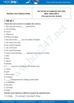 Bộ 5 đề thi HK2 môn Tiếng Anh 8 có đáp án năm 2021-2022 Trường THCS Trưng Vương