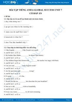 Bài tập Tiếng Anh 6 Global Success Unit 7 có đáp án