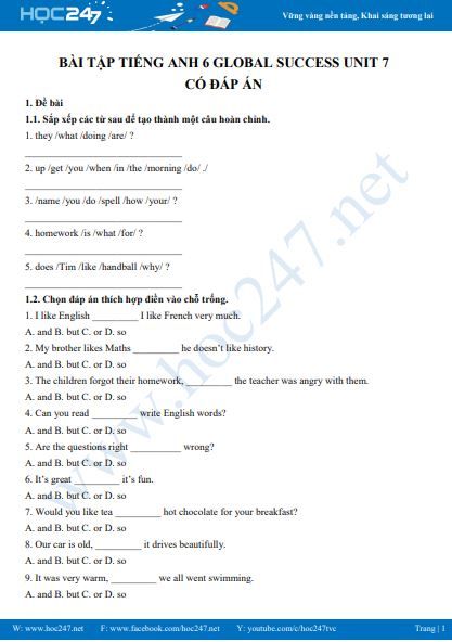 Bài tập Tiếng Anh 6 Global Success Unit 7 có đáp án