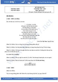 Bộ 3 đề thi HK2 môn Ngữ văn 10 có đáp án năm 2021-2022 trường THPT Nguyễn Trân