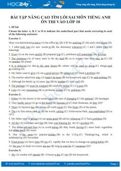 Bài tập nâng cao tìm lỗi sai môn Tiếng Anh ôn thi vào lớp 10 có đáp án