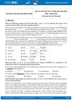 Bộ 5 đề thi thử vào lớp 10 môn Tiếng Anh năm 2022-2023 có đáp án Trường THCS Nguyễn Bỉnh Khiêm