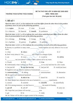 Bộ 5 đề thi thử vào lớp 10 môn Tiếng Anh năm 2022-2023 có đáp án Trường THCS Huỳnh Thúc Kháng