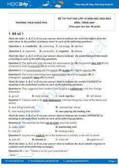 Bộ 5 đề thi thử vào lớp 10 môn Tiếng Anh năm 2022-2023 có đáp án Trường THCS Hưng Phú