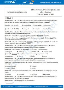 Bộ 5 đề thi thử vào lớp 10 môn Tiếng Anh năm 2022-2023 có đáp án Trường THCS Đoàn Thị Điểm