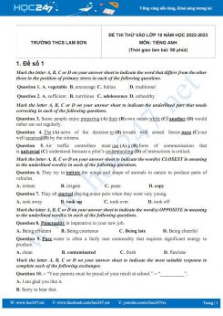 Bộ 5 đề thi thử vào lớp 10 môn Tiếng Anh năm 2022-2023 có đáp án Trường THCS Lam Sơn