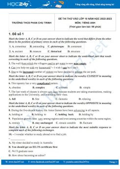 Bộ 5 đề thi thử vào lớp 10 môn Tiếng Anh năm 2022-2023 có đáp án Trường THCS Phan Chu Trinh