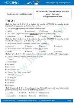 Bộ 5 đề thi thử vào lớp 10 môn Tiếng Anh năm 2022-2023 có đáp án Trường THCS Trần Quốc Tuấn