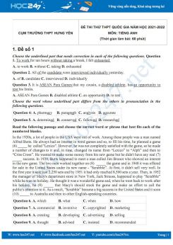 Bộ 5 đề thi thử THPT QG môn Tiếng Anh năm 2021-2022 có đáp án Cụm Trường THPT Hưng Yên