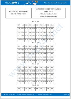Đáp án chính thức môn Toán kỳ thi tốt nghiệp THPT 2022- Bộ GD&ĐT