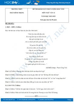 Đề khảo sát chất lượng đầu năm môn Ngữ văn 12 năm 2022 - 2023 có đáp án Trường THPT Trần Bình Trọng