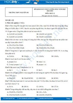 Đề khảo sát chất lượng đầu năm môn Hóa 12 năm 2022 - 2023 có đáp án Trường THPT Nguyễn Du