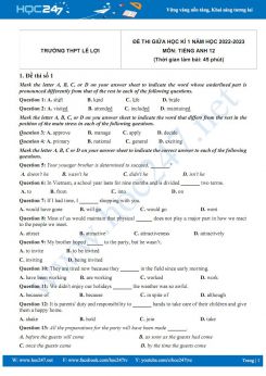 Bộ 5 đề thi giữa HK1 môn Tiếng Anh 12 năm 2022-2023 có đáp án Trường THPT Lê Lợi