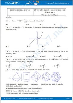 Bộ 5 đề thi giữa HK1 môn Toán 12 năm 2022-2023 có đáp án trường THPT Hà Huy Tập