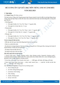 Đề cương ôn tập giữa HK1 môn Tiếng Anh 10 Cánh diều năm 2022-2023
