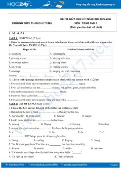 Bộ 5 đề thi giữa HK1 môn Tiếng Anh 8 năm 2022-2023 có đáp án Trường THCS Phan Chu Trinh