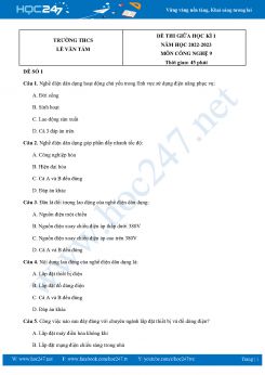 Bộ 3 Đề thi giữa HK1 môn Công Nghệ 9 năm 2022-2023 Trường THCS Lê Văn Tám có đáp án