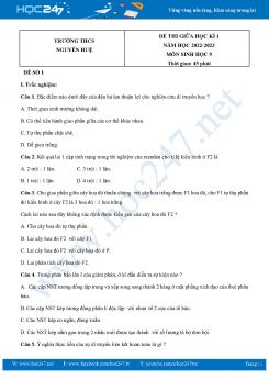 Bộ 5 Đề thi giữa HK1 môn Sinh học 9 năm 2022-2023 Trường THCS Nguyễn Huệ có đáp án