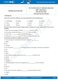 Bộ 5 đề thi giữa HK1 môn Tiếng Anh 7 KNTT năm 2022-2023 có đáp án Trường THCS Văn Yên