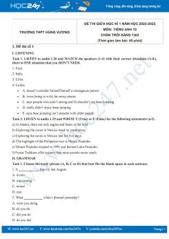 Bộ 5 đề thi giữa HK1 môn Tiếng Anh 10 CTST năm 2022-2023 có đáp án Trường THPT Hùng Vương