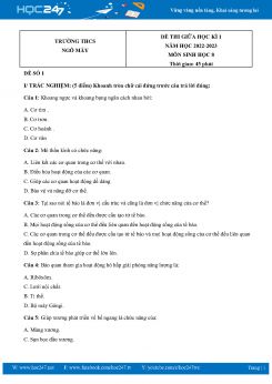 Bộ 5 Đề thi giữa HK1 môn Sinh học 8 năm 2022-2023 Trường THCS Ngô Mây có đáp án