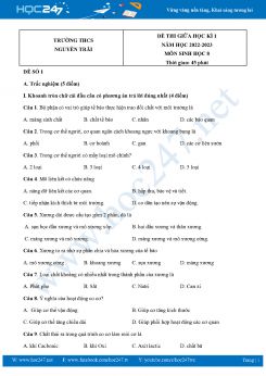 Bộ 5 Đề thi giữa HK1 môn Sinh học 8 năm 2022-2023 Trường THCS Nguyễn Trãi có đáp án