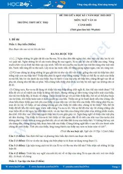 Đề thi giữa HK1 môn Ngữ văn 10 CD năm 2022-2023 có đáp án Trường THPT Đức Thọ