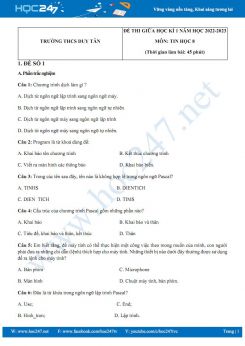 Bộ 2 đề thi giữa HK1 môn Tin học 8 năm 2022-2023 có đáp án Trường THCS Duy Tân