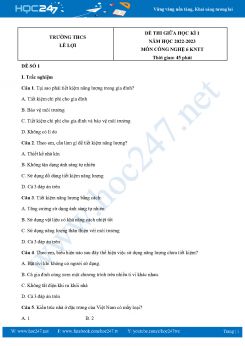 Bộ 3 Đề thi giữa HK1 môn Công Nghệ 6 KNTT năm 2022-2023 Trường THCS Lê Lợi có đáp án