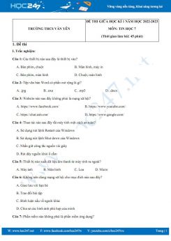Đề thi giữa HK1 môn Tin học 7 KNTT năm 2022-2023 có đáp án Trường THCS Văn Yên