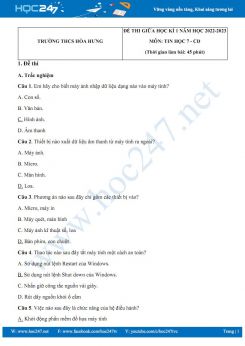 Đề thi giữa HK1 môn Tin học 7 Cánh diều năm 2022-2023 có đáp án Trường THCS Hòa Hưng