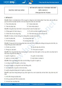 Bộ 5 đề thi giữa HK1 môn GDCD 12 năm 2022-2023 có đáp án trường THPT Bắc Bình