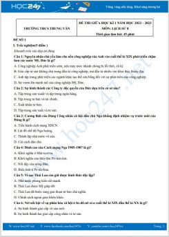 Bộ 5 đề thi giữa HK1 môn Lịch Sử 8 năm 2022-2023 có đáp án Trường THCS Trung Văn