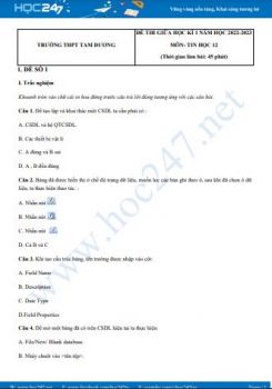 Bộ 2 đề thi giữa HK1 môn Tin học 12 năm 2022-2023 có đáp án Trường THPT Tam Dương