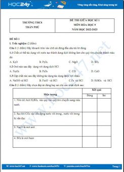 Bộ 3 đề thi giữa HK1 môn Hóa học 9 có đáp án năm 2022-2023 Trường THCS Trần Phú